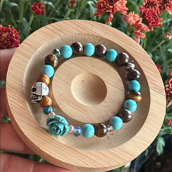 Handmade Jewelry - Handmade Howlite + Tigers Eye Beaded Bracelet with Rose & Skull Charm *
